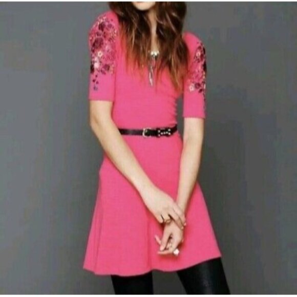 Free People Embroidered Garden Sleeve Black Fit & Flare Skater Mini Dress - Picture 12 of 16